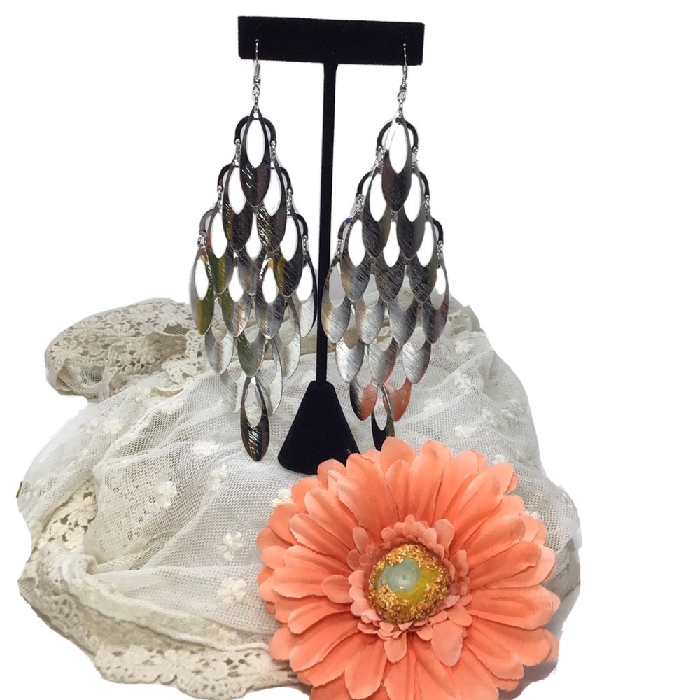 Large Glam Silver Tone Metal Dangle Earrings
